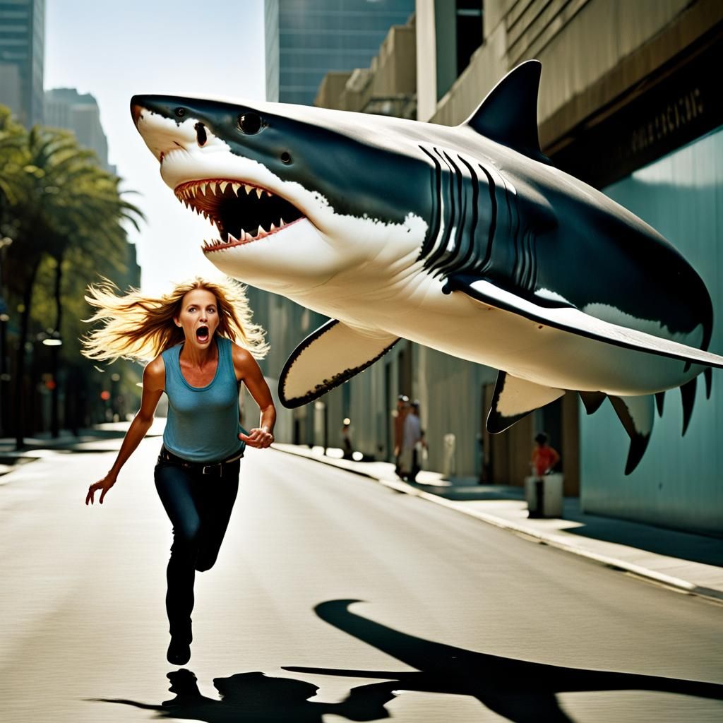 Flying Great White Shark Chasing Woman: Professional Portrai...
