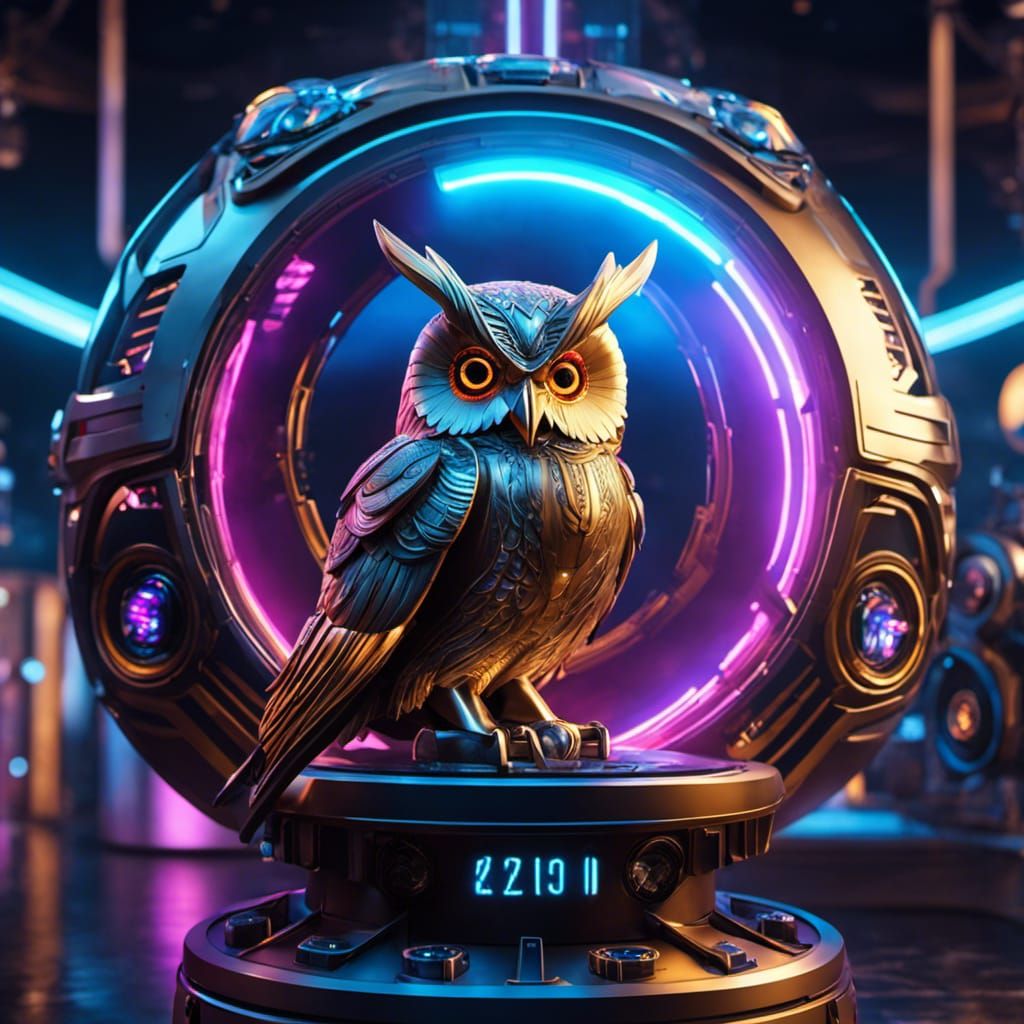 Cyberpunk Android Owl Navigator in Robot Head