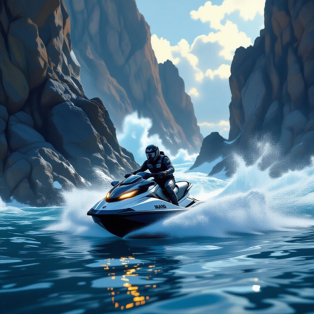 Jet Ski Rider Near Cliffs in Futuristic Style