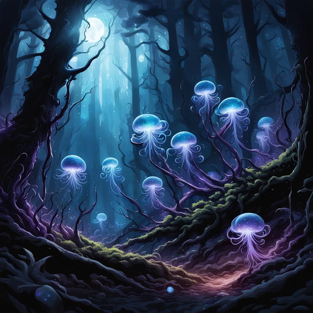 Ethereal Wisps in Dark Fantasy Forest Concept Art