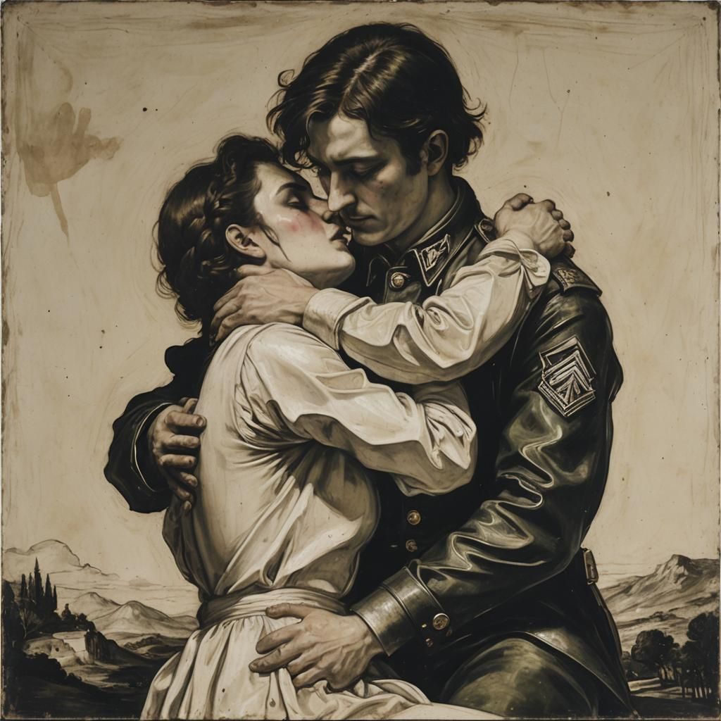 Weeping Gay Soldier in Lovers' Arms