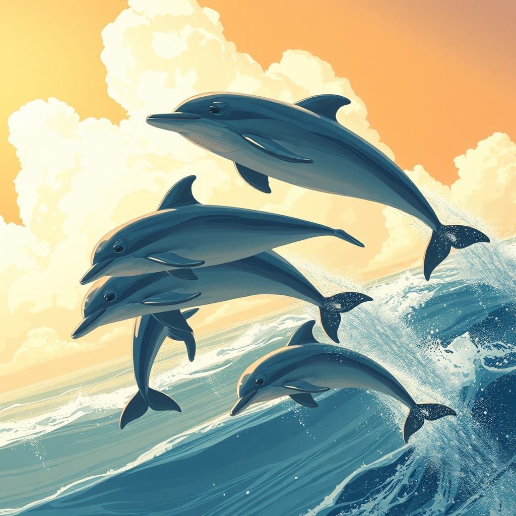 Dolphins Soaring: Stylized Realism in a Whimsical Sky