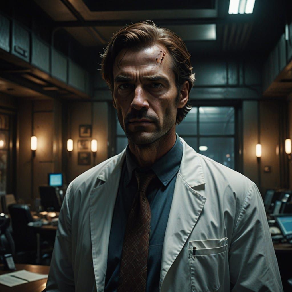 Tall Psychiatrist in Dark, Moody 35mm Film Still