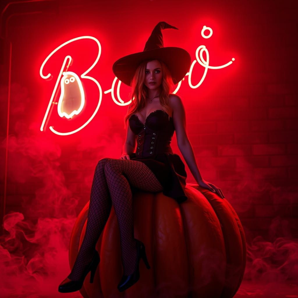 Modern Witch on Pumpkin in Moody Photography