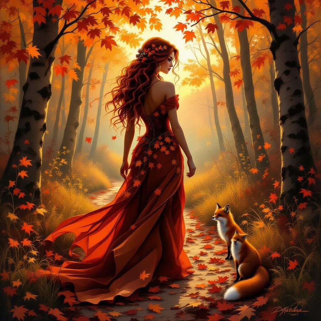 Autumn Goddess in Forest, Oil Painting Style