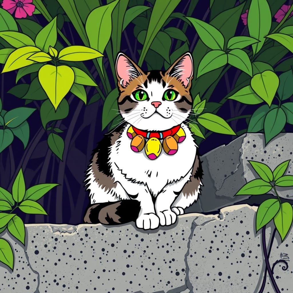 Whimsical Feline in Vibrant Collar, Takashi Murakami Style