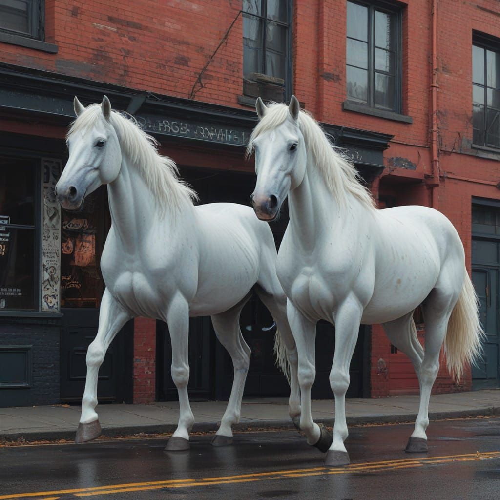Majestic White Horses Radiate Ethereal Glow in Vibrant Graff...