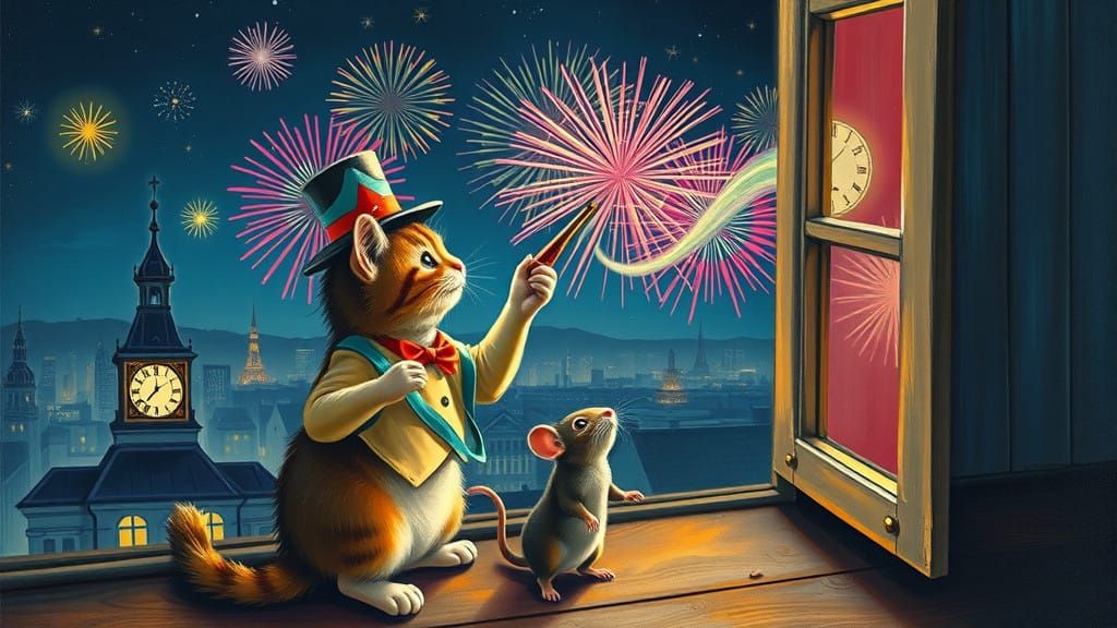 Whimsical Cat Celebrates New Year's Eve 2025 with Surrealist...