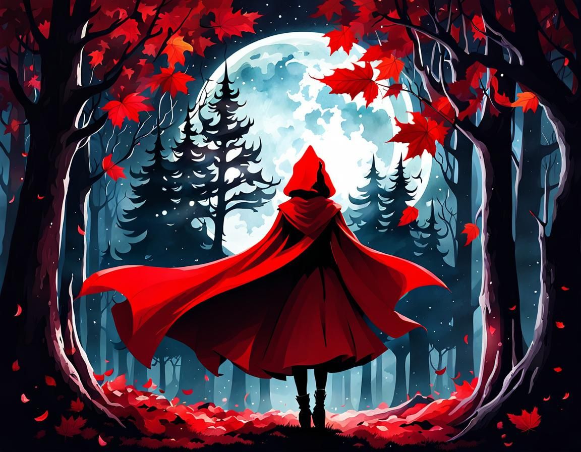 Dark Watercolor: Little Red Riding Hood in Moonlight
