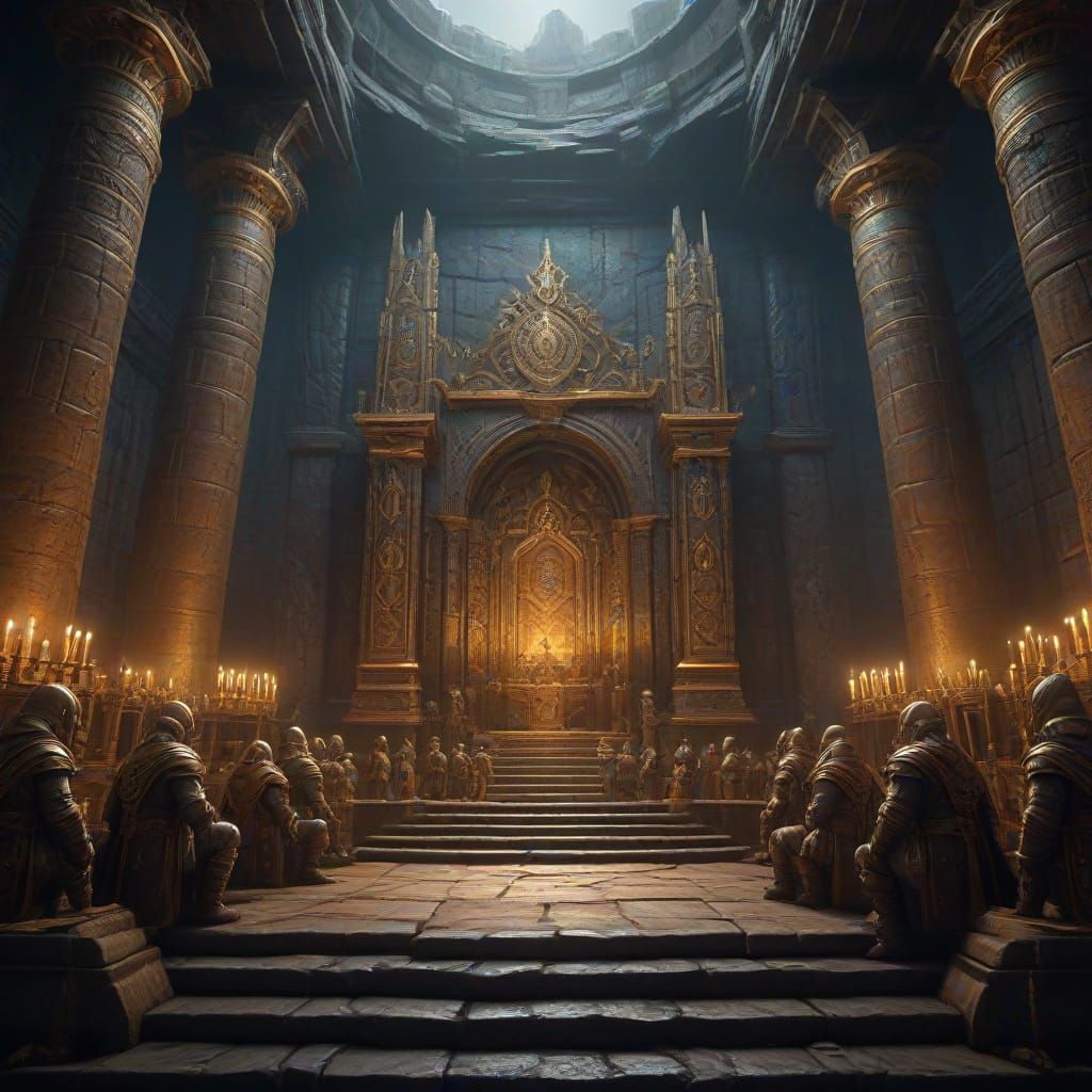 Dwarves and Elves View Golden Throne in Ancient Tomb