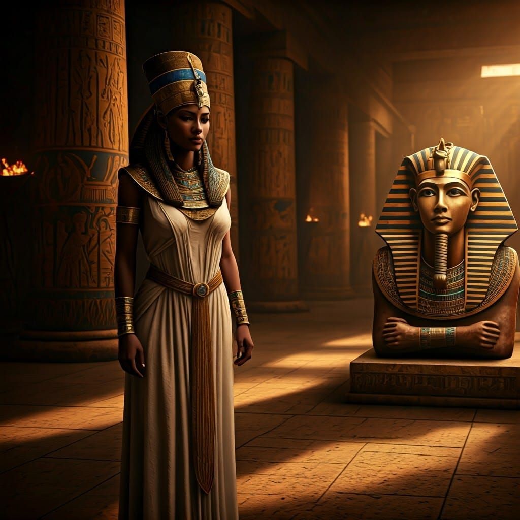 Egyptian Priestess and Tutankhamun in Golden Light