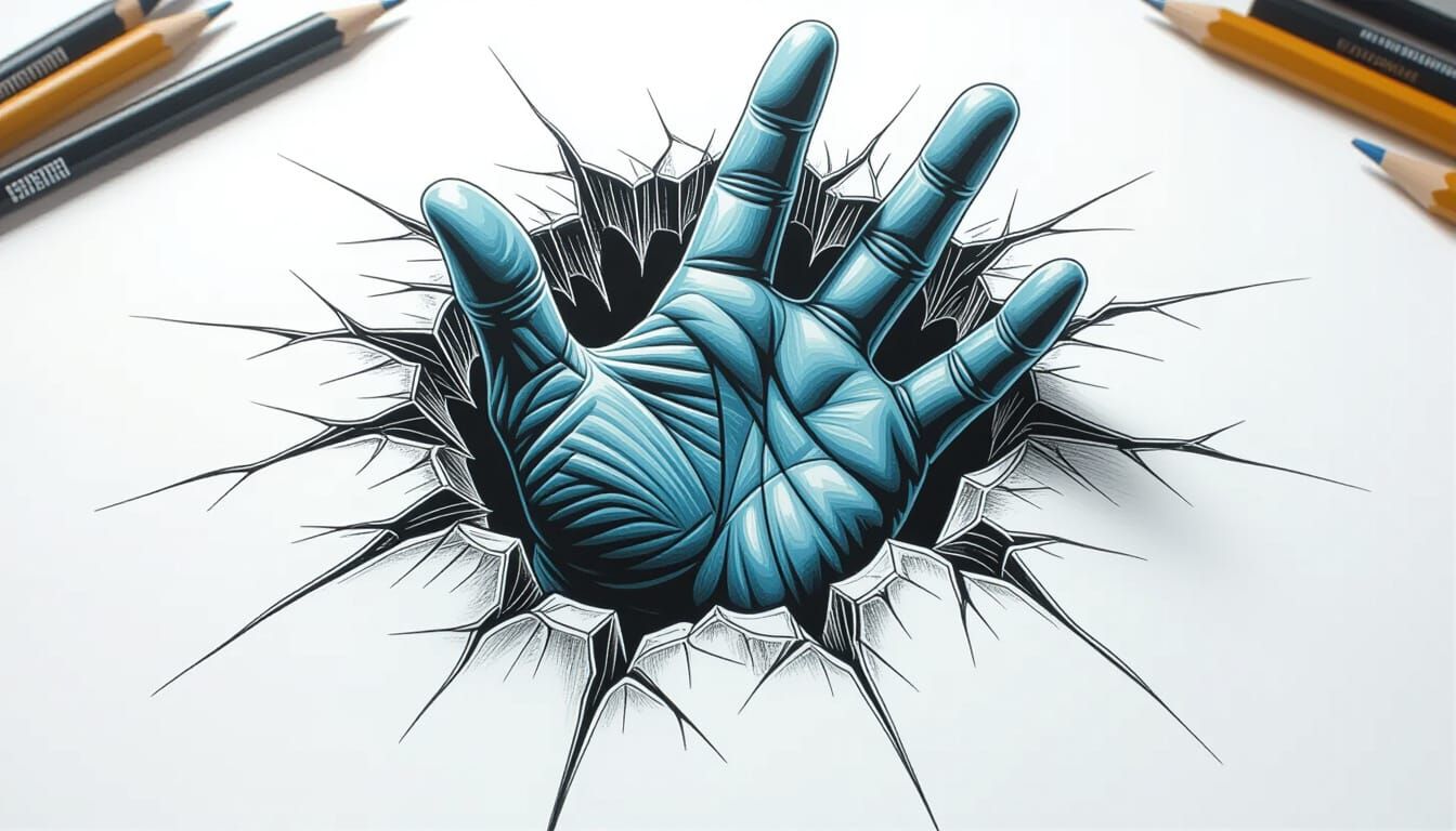 Hyperrealistic 3D Hand Emerging from Paper, Pencil Drawing S...
