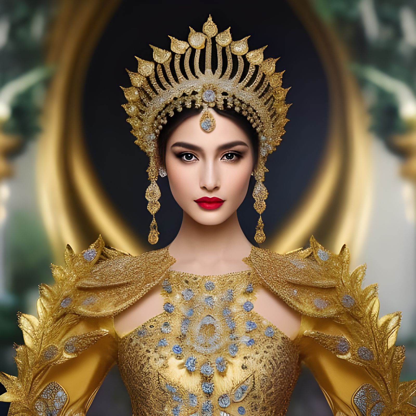 Goddess Princess with Gold Crown in Filigree Dress