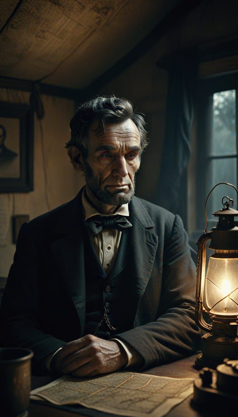 Lincoln Ponders Civil War Maps in Dimly Lit Tent
