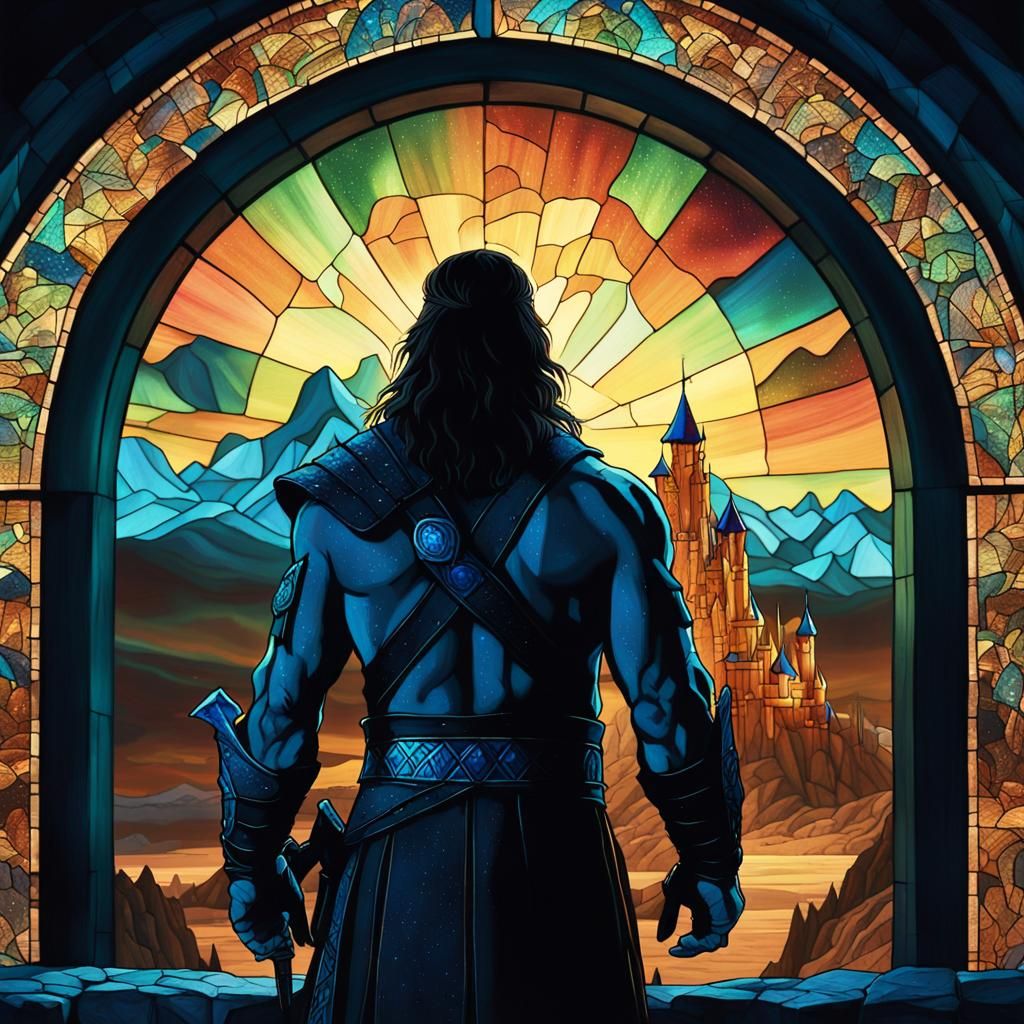 Barbarian Overlooking Paradise Under Aurora Borealis