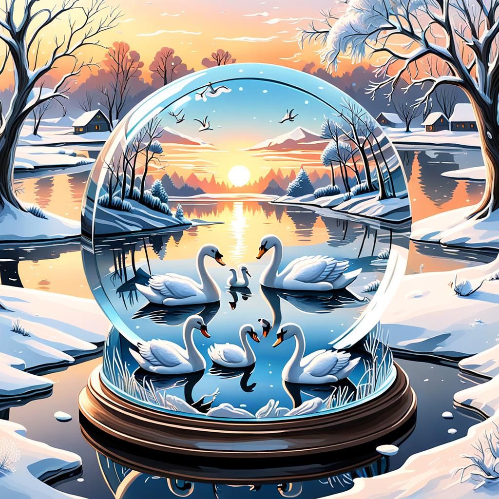 Baby Swans Painted in Snowglobe on Winter Day
