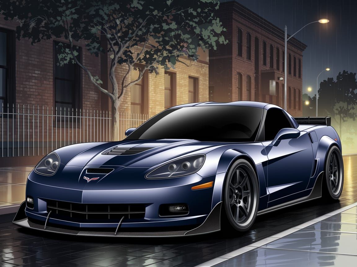 Anime-Inspired Dark Navy Blue Corvette ZR1 on a Rainy Night