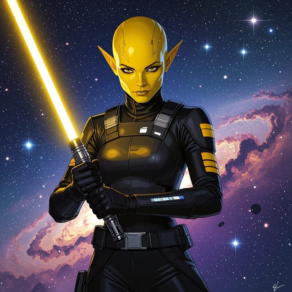 Elven Space Pilot with Yellow Lightsaber