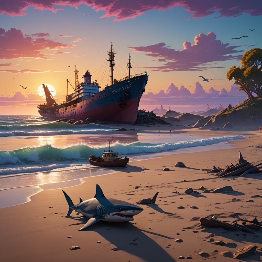 Shipwreck Sunset: A Digital Matte Painting of Fantasy