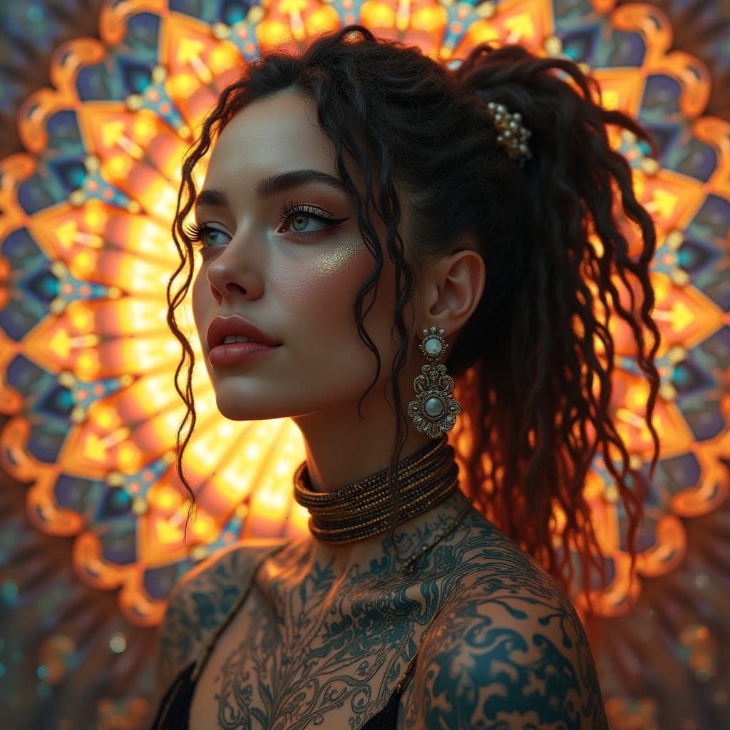 Steampunk Goddess in Vibrant, Kaleidoscopic Dreamscape