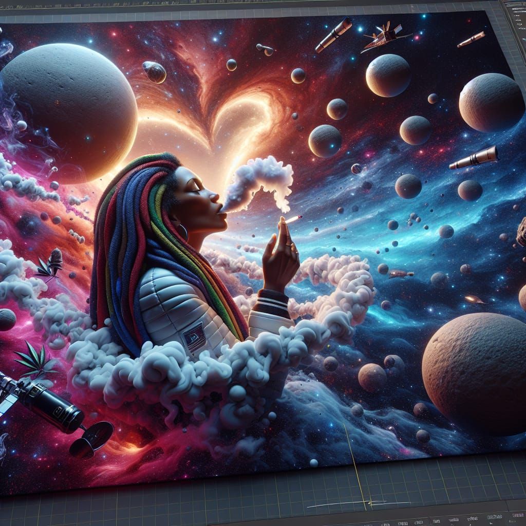 Rastafarian Woman Smoking Heart in Space, 3D Art