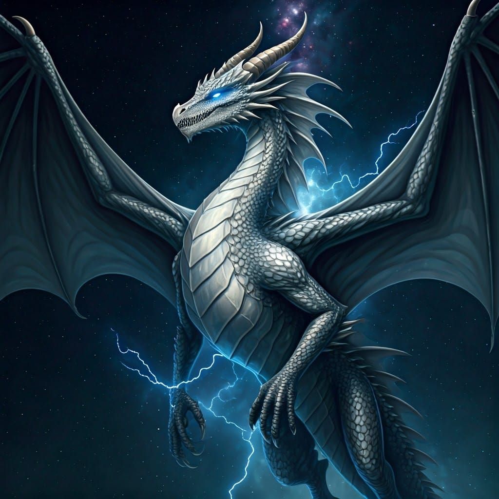 Silver Dragon Soaring Through Electric Starry Night