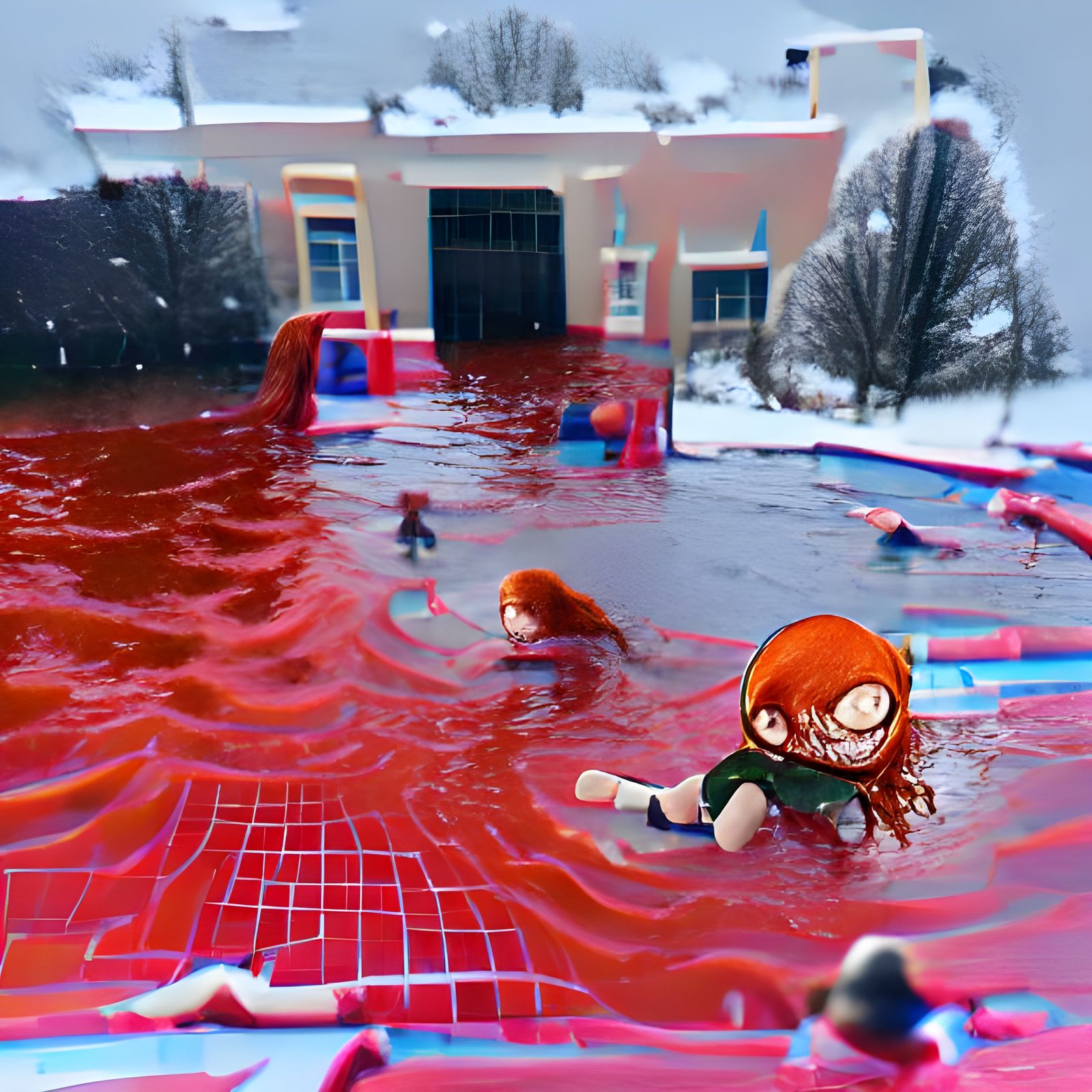 Surreal Redhead Girl Swimming in Hellish Winter