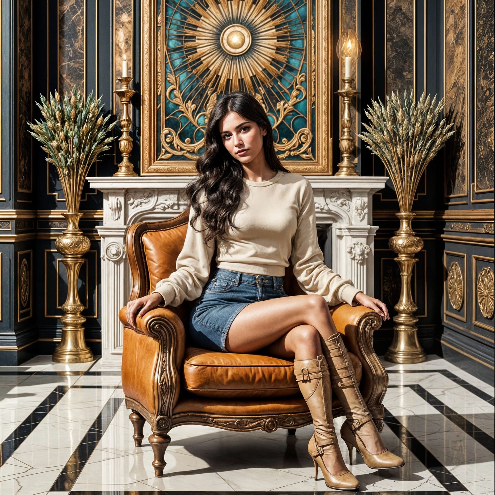 Mediterranean Woman in Art Deco Style Sitting in Armchair