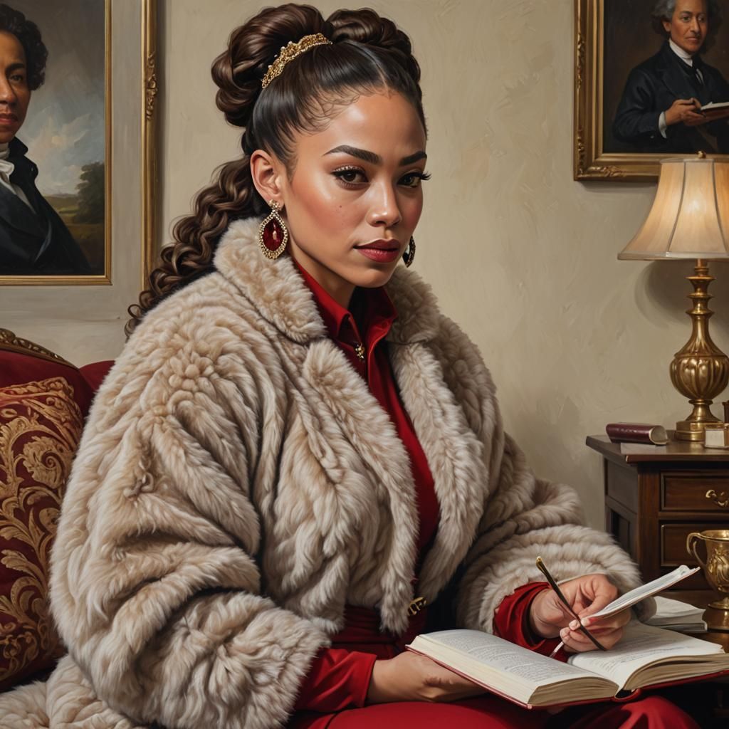 Regal Woman Reading: Hyperrealistic Oil Painting