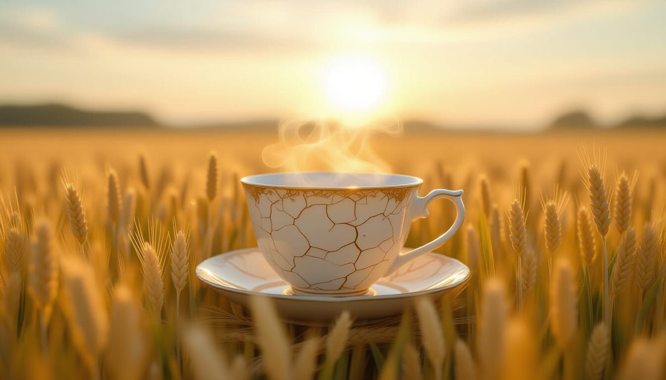 Giant Teacup in Wheat Field - Impressionist Style