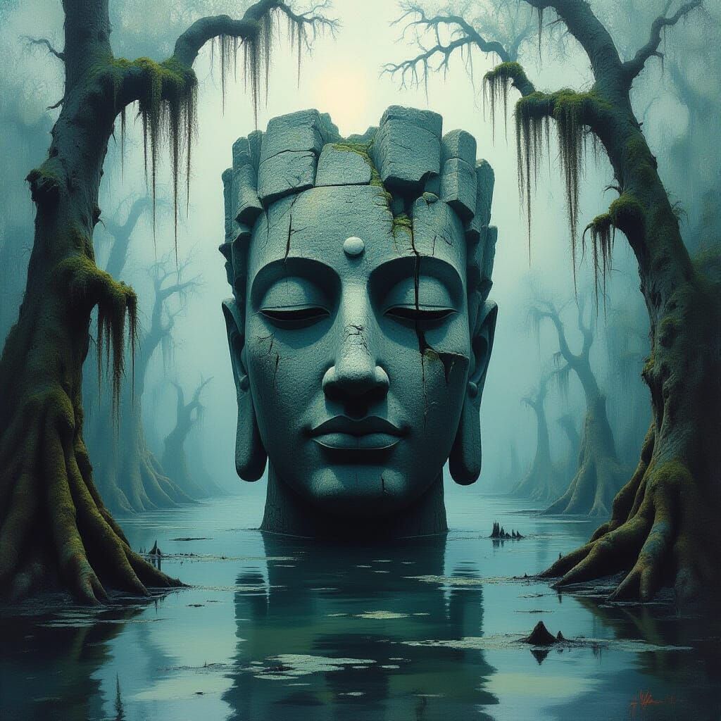 Ancient Stone Head in Misty Swamp Oil Painting