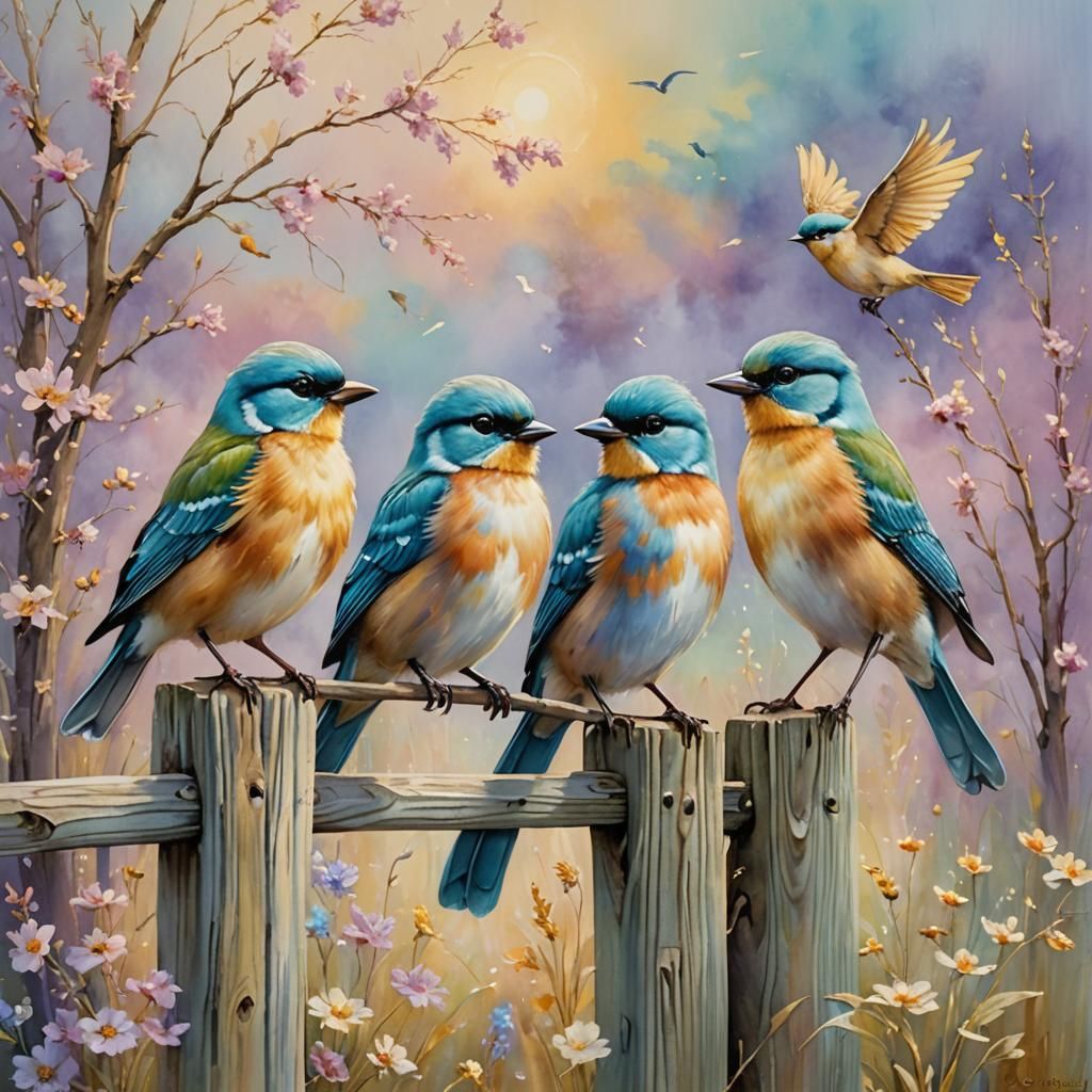 Birds on Fence Post in Neo-Impressionist Style