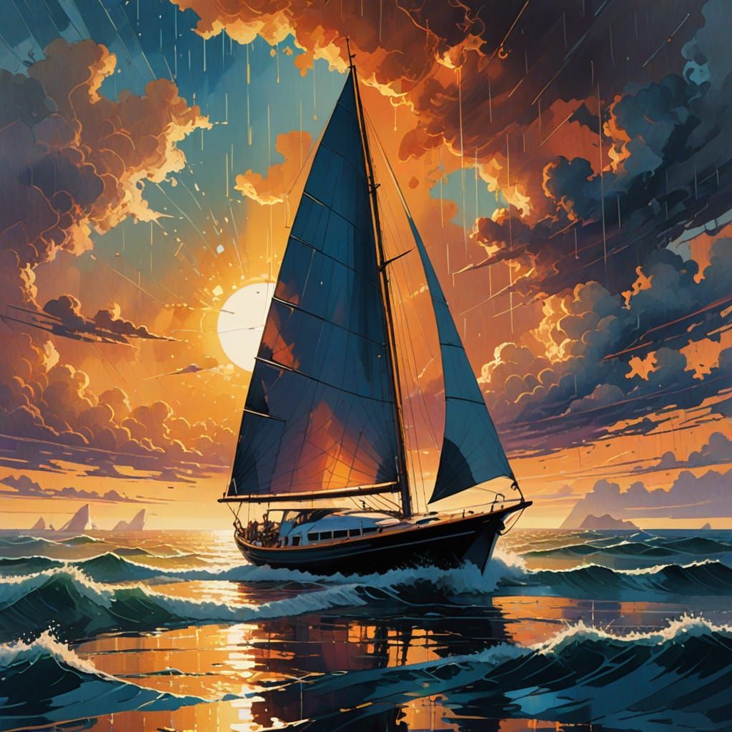 Vibrant Sailboat Silhouette Against Kaleidoscopic Background