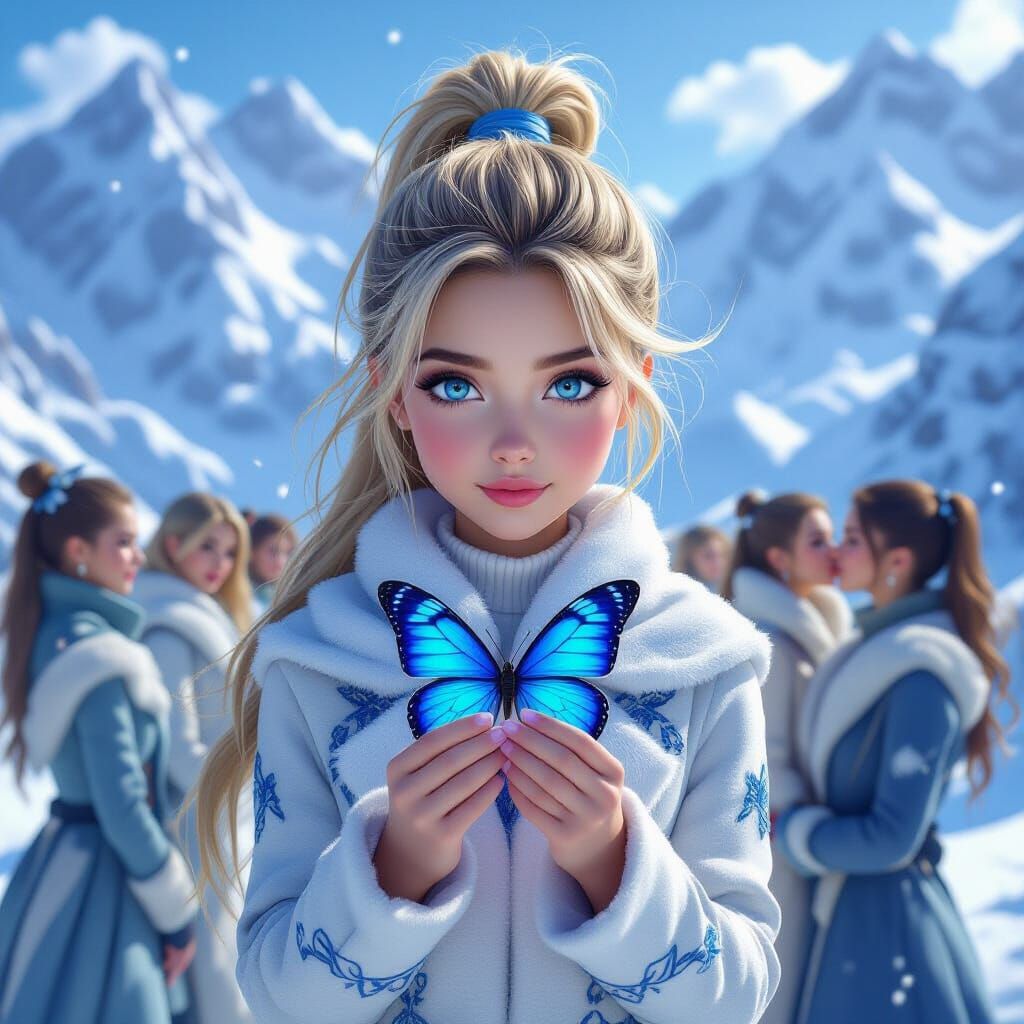 Girl Holding Butterfly Amidst Snow Mountains With Other Wome...
