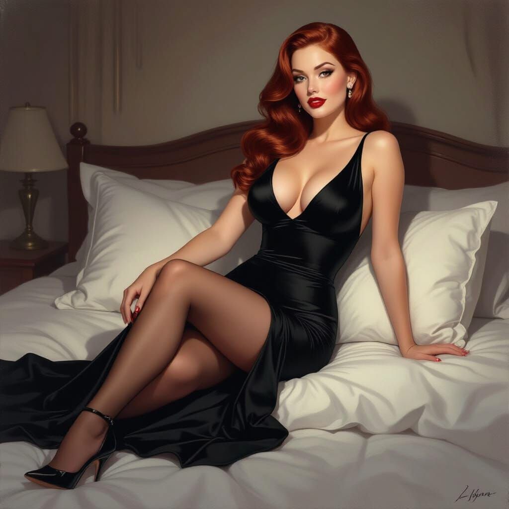 Pin-up Art Style Woman in Black Dress