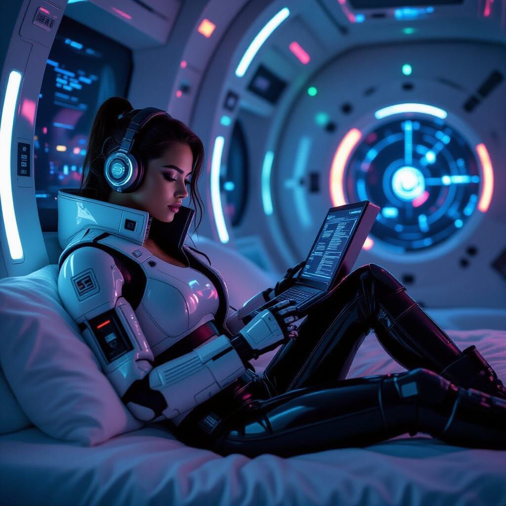 Cyberpunk Girl in Futuristic Capsule Hotel Room