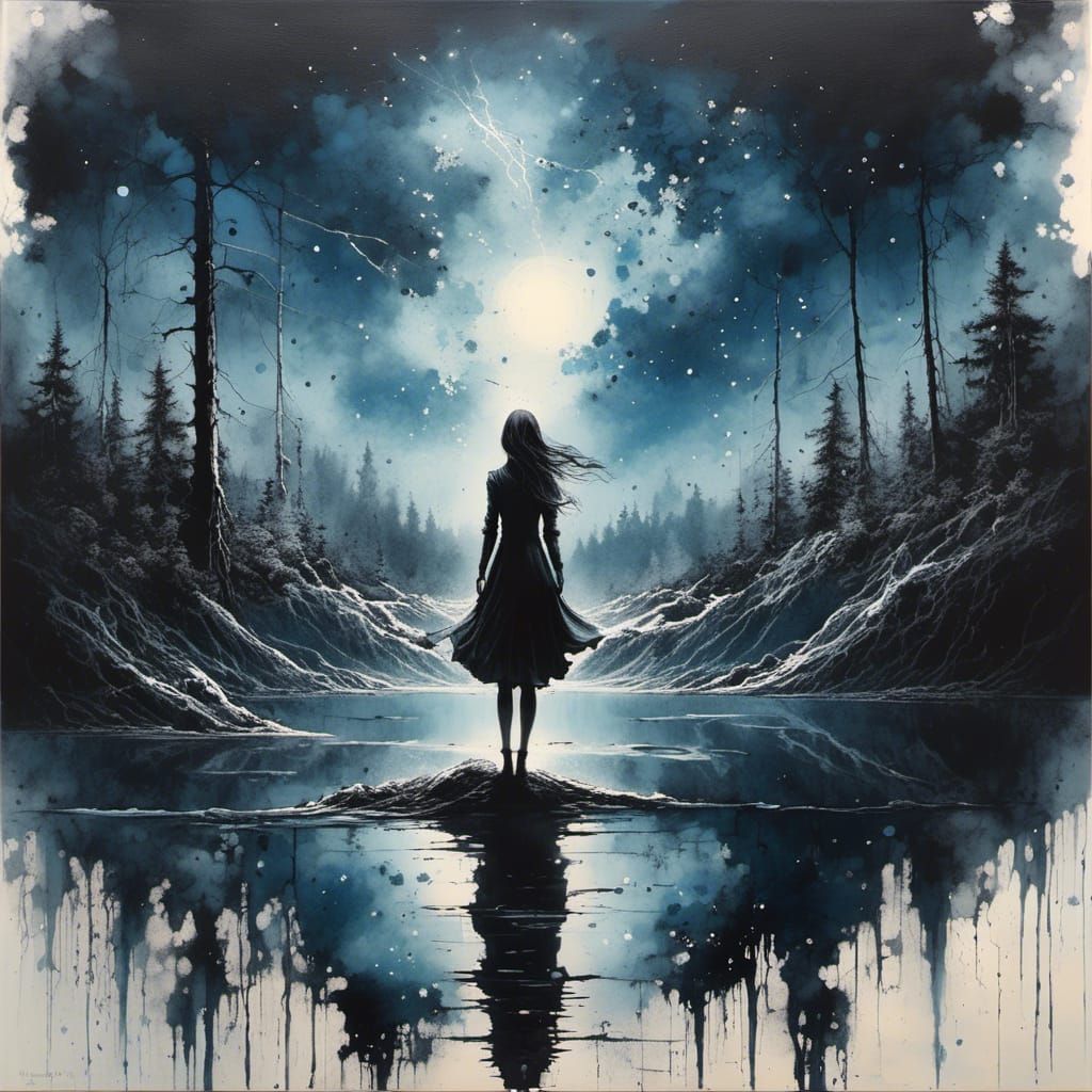 Sad Girl on Lakeside Swing Watercolor Painting