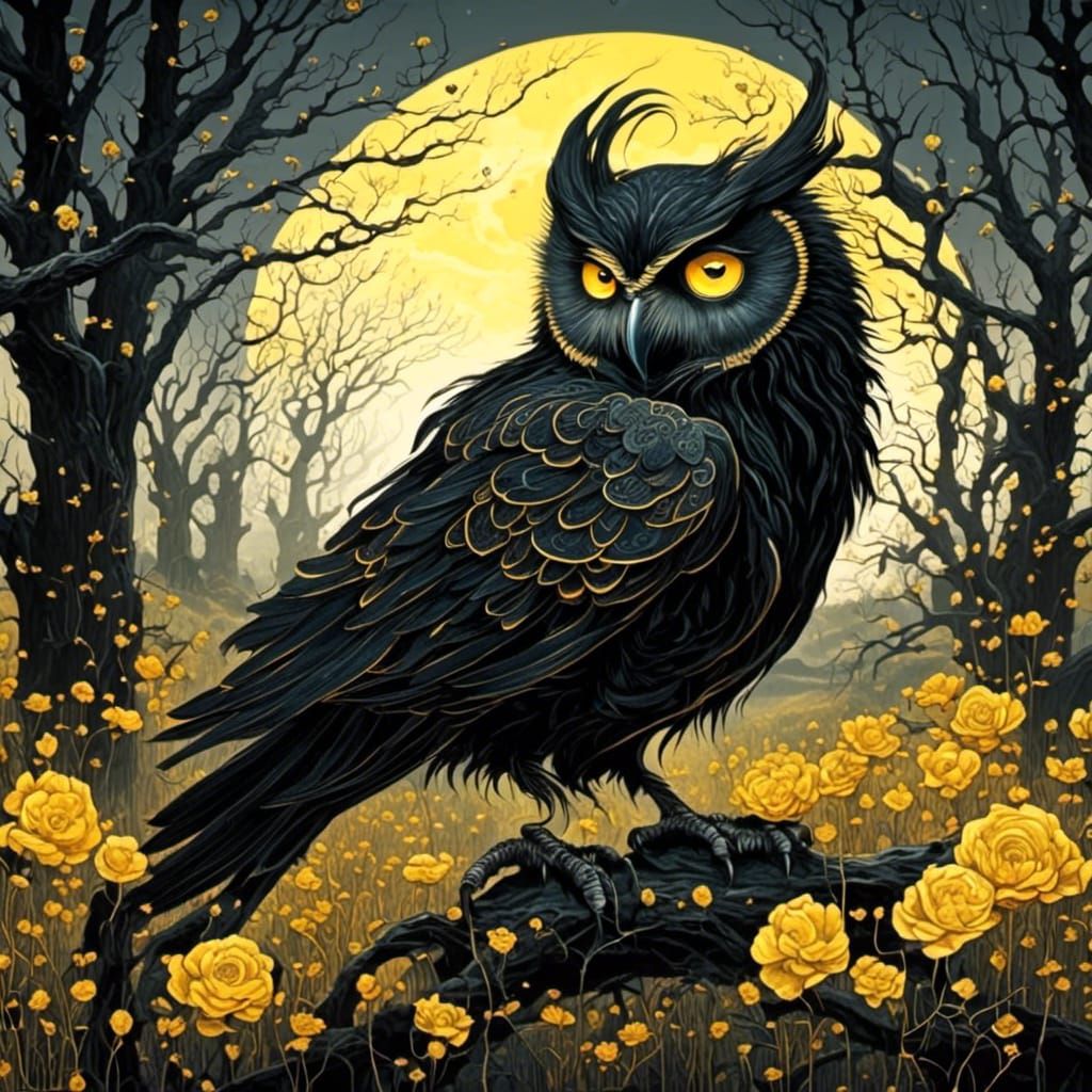 Dark Fantasy Demon Owl Overlooking a Field