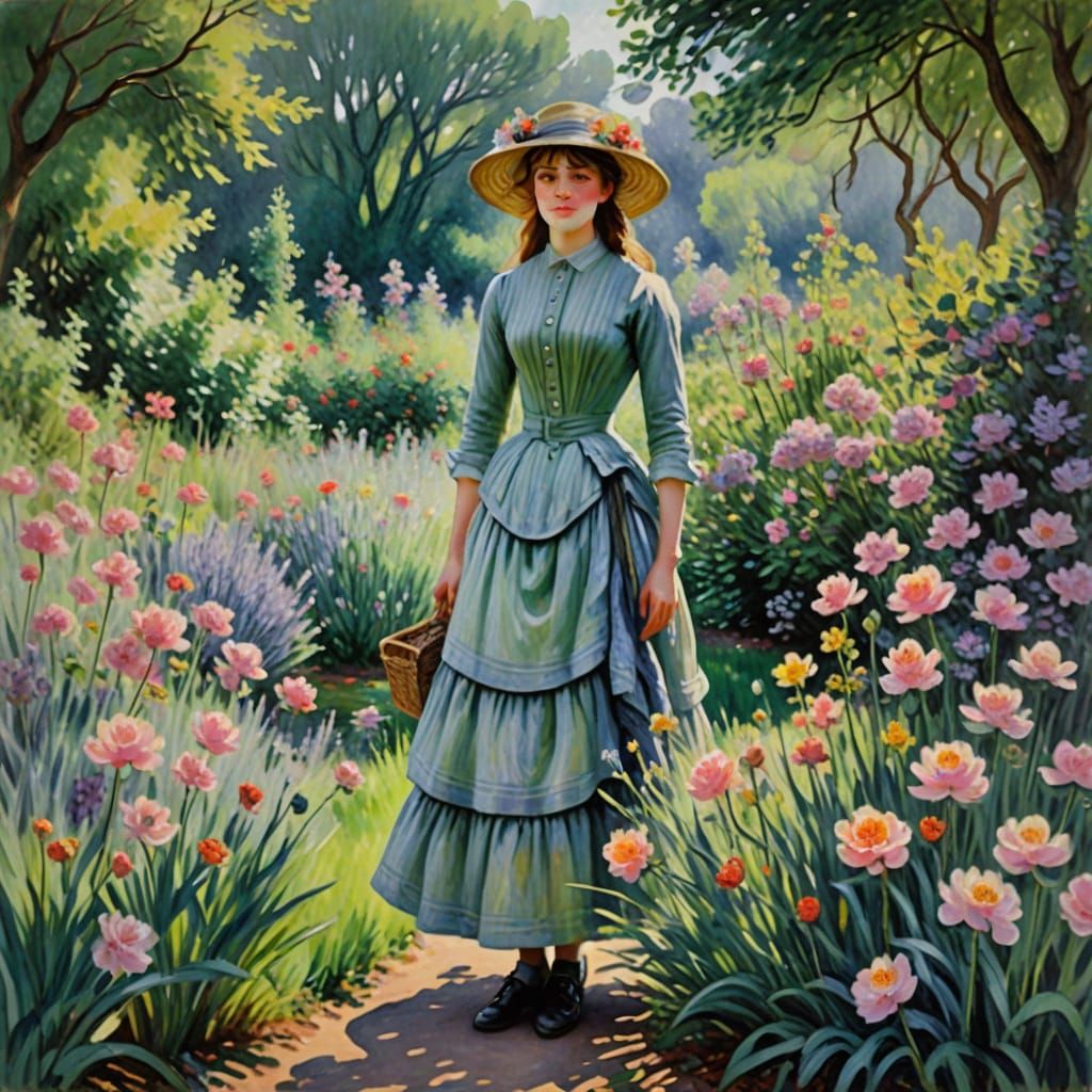 Beautiful Woman in Monet-Style Garden Watercolor