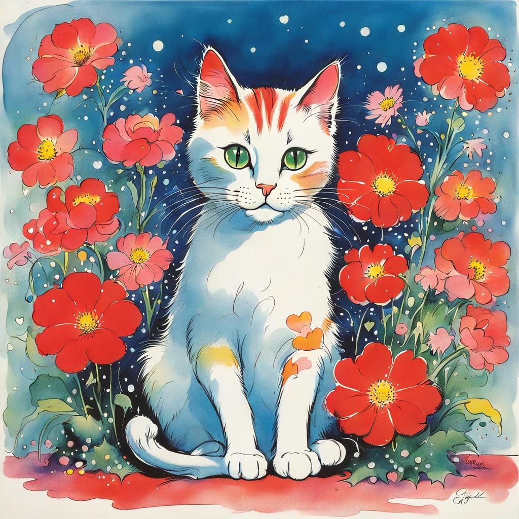 Cute Cat Surrounded by Flowers in Grotesque Style