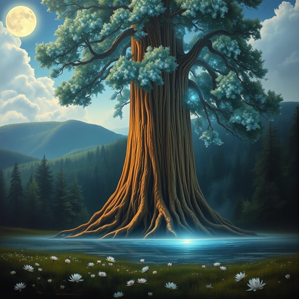 A Giant Redwood tree with luminous, moonlight crystal- sparkling silver and blue leaves stands majestically in a moonlig...
