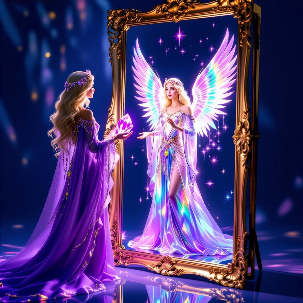Woman Gazes at Angel Reflection in Crystal Mirror