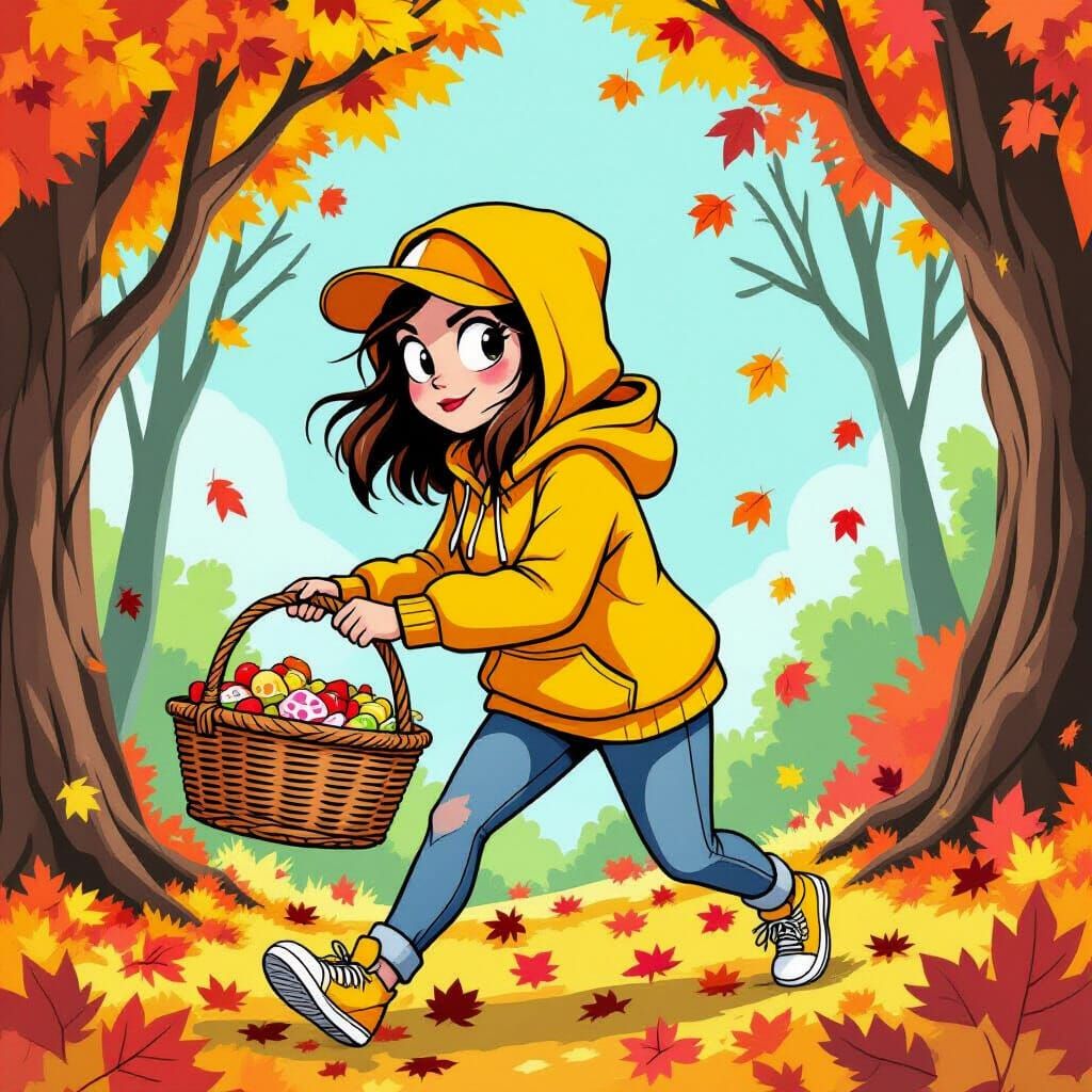 Cartoon Woman Stealing Picnic Basket in Autumn Landscape