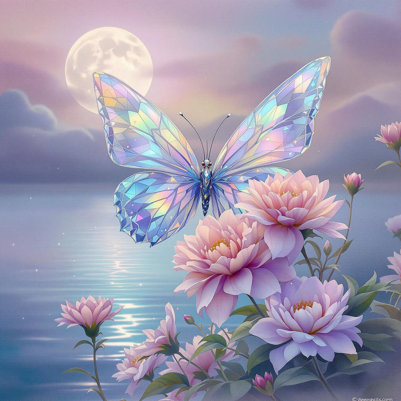 Crystal Butterfly on Floral Lake: Surrealist Dreamscape