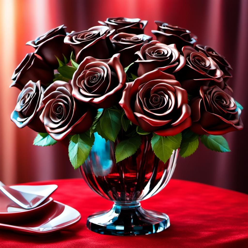 Dark Chocolate Roses in Crystal Vase: Hyperrealistic Splash ...