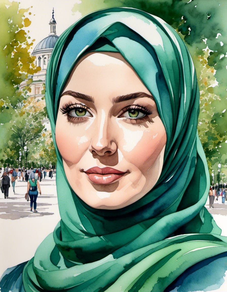 Watercolor Portrait of Woman in Hijab and Facemask