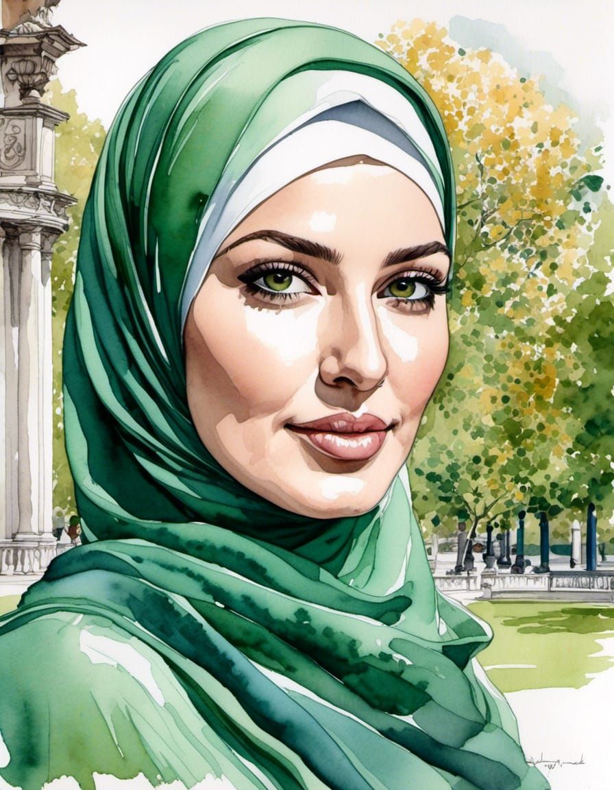 Watercolor Portrait of a Hijabi Woman in Park