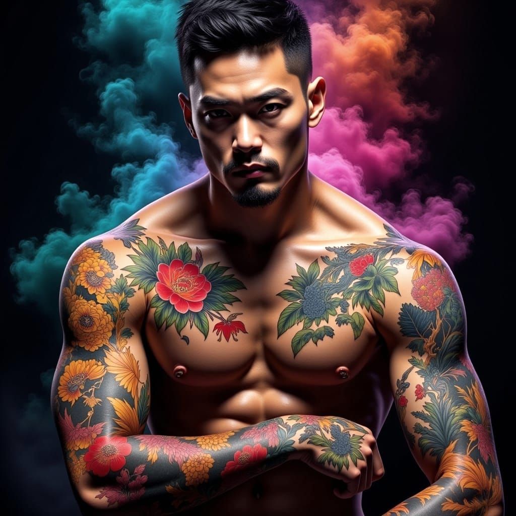 Muscular Asian Man with Tattoos in Hyperreal Style