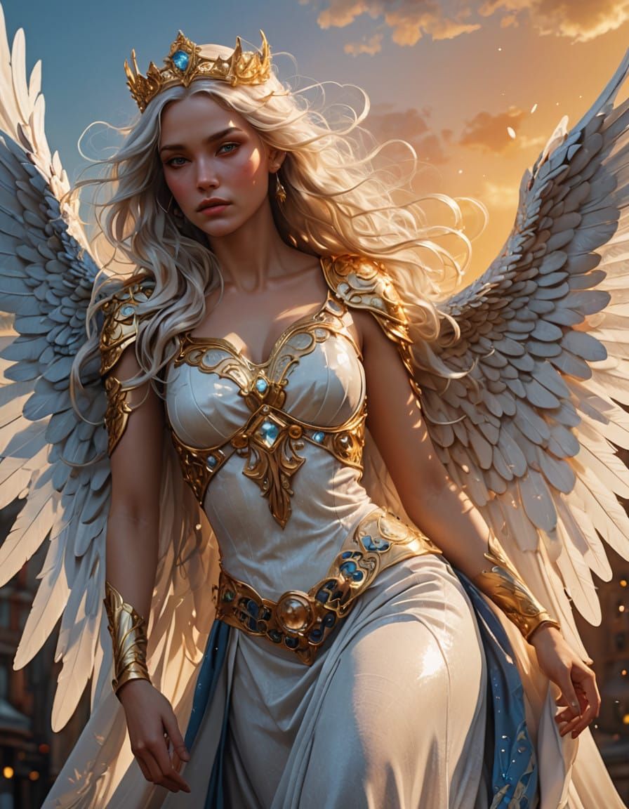 Angel in Golden Sunset with Radiant Halo