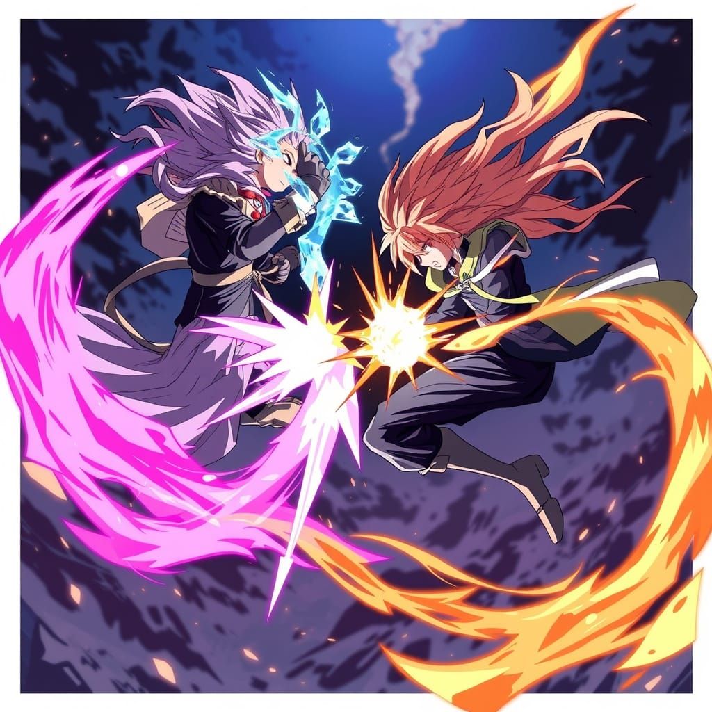 Anime Characters Clash With Elemental Attacks In Midair